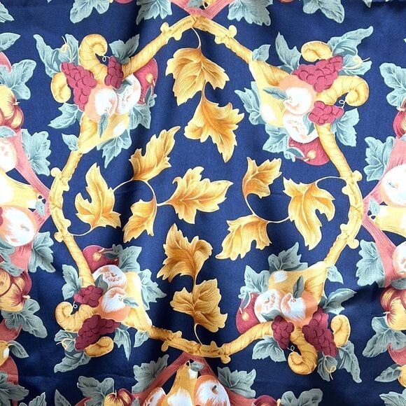 Silk Satin Navy Blue Square Scarf Fruits and Golden Leaves Print - Picture 5 of 10